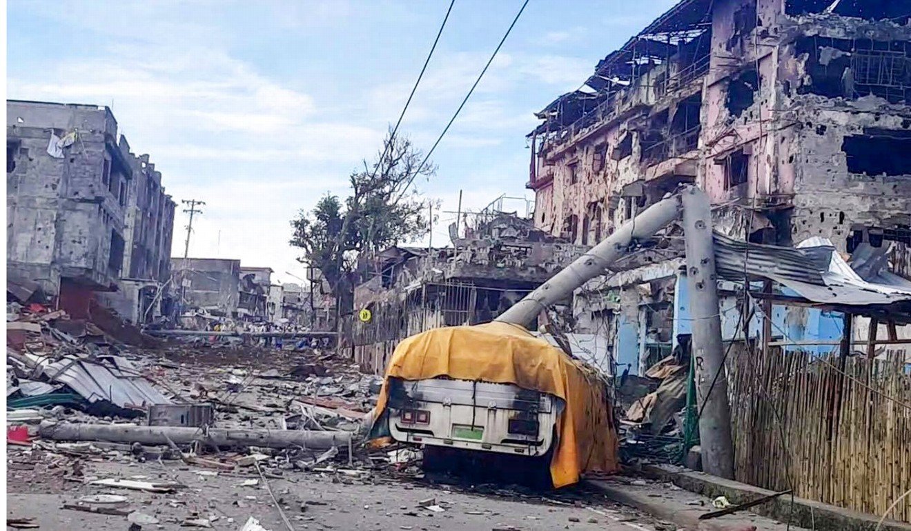 Buildings damaged by fighting in Marawi. Photo: EPA