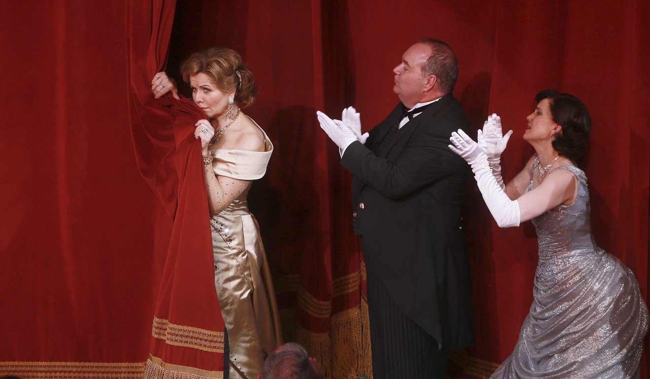 The opening night curtain call for Living on Love, with Fleming (left), Blake Hammond and Anna Chlumsky, in 2015. Photo: Alamy