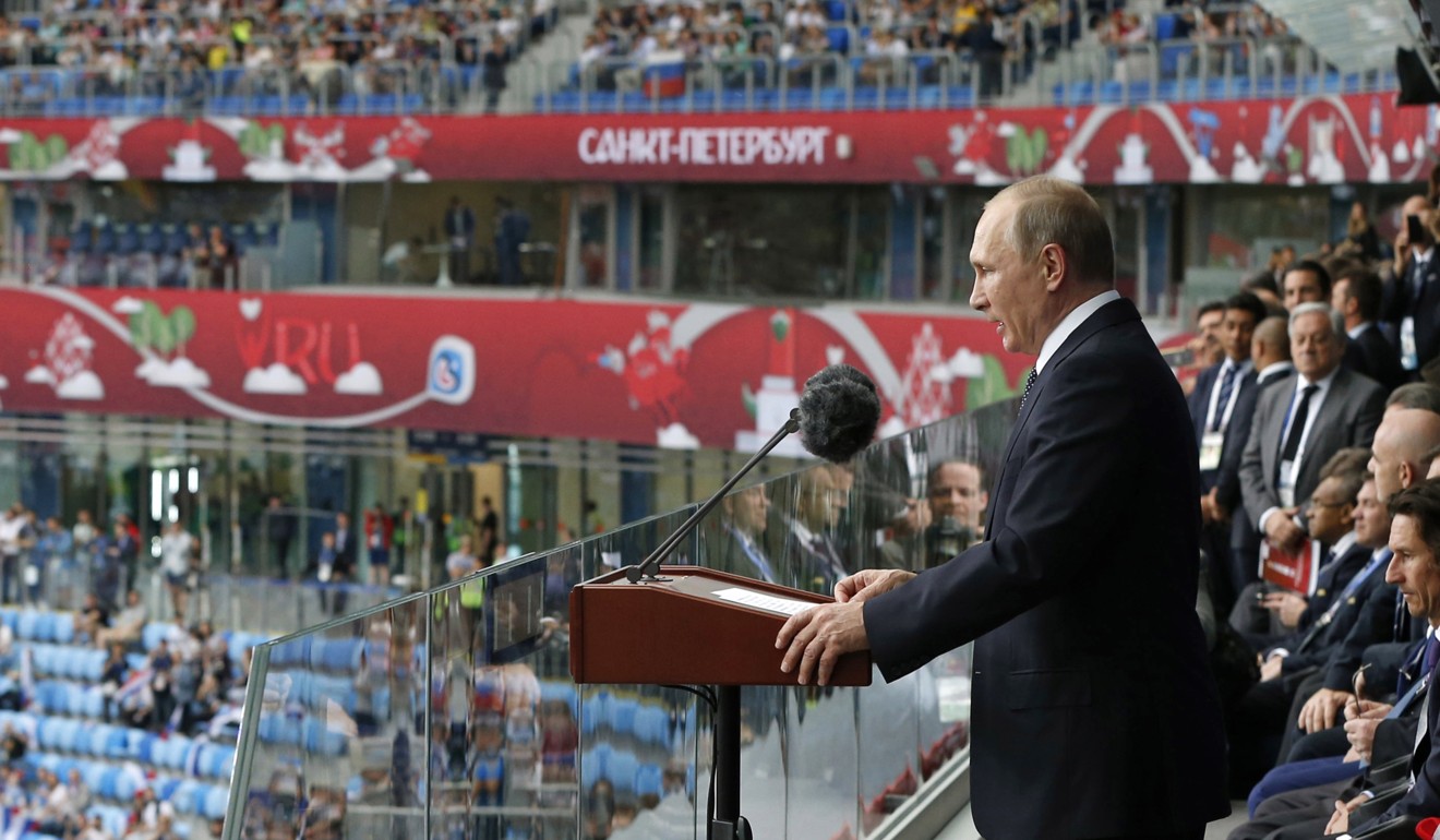 Vladimir Putin speaks before the Confederations Cup match between Russia and New Zealand. Photo: AP