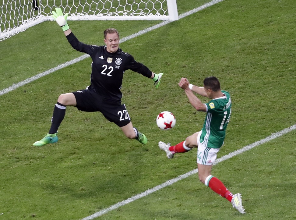 Germany Goalkeeper Marc-Andre ter Stegen makes a save from Javier Hernandez of Mexico during the Fifa Confederations Cup semi-final match. Photo: EPA