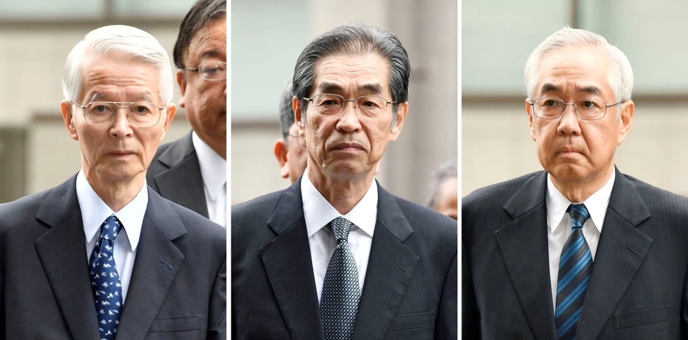From left: former Tokyo Electric Power Co (Tepco) Chairman Tsunehisa Katsumata and Ichiro Takekuro and Sakae Muto, former vice-presidents of Tepco, arriving at Tokyo District Court. Photo: Kyodo/Reuters