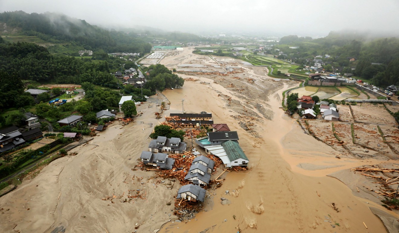 An areal view of flooded Asakura. Photo: AFP