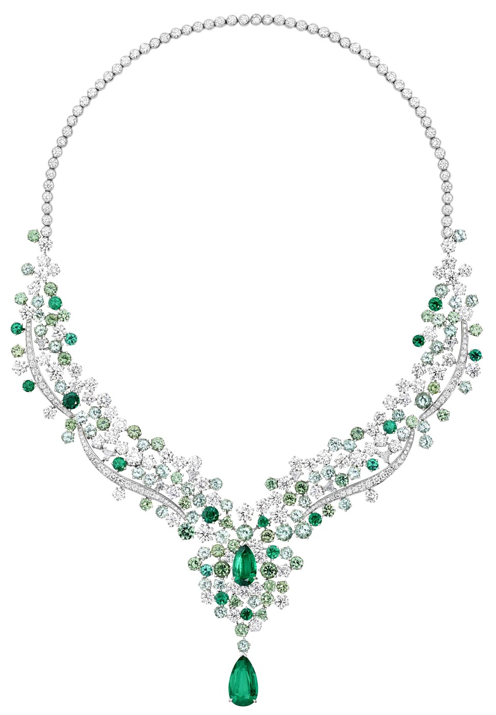 Part of the Sunny Side of Life collection, the 18ct white gold necklace is set with diamonds and different shades of emeralds, HK$4.52 million