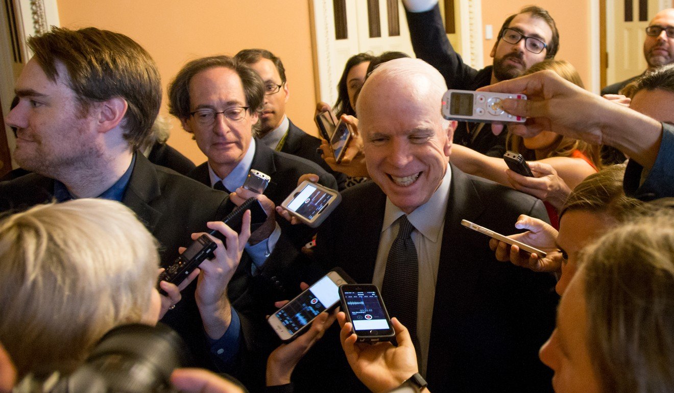McCain is swarmed by reporters as he leaves a meeting on Capitol Hill in Washington on July 13, 2017. Photo: Xinhua