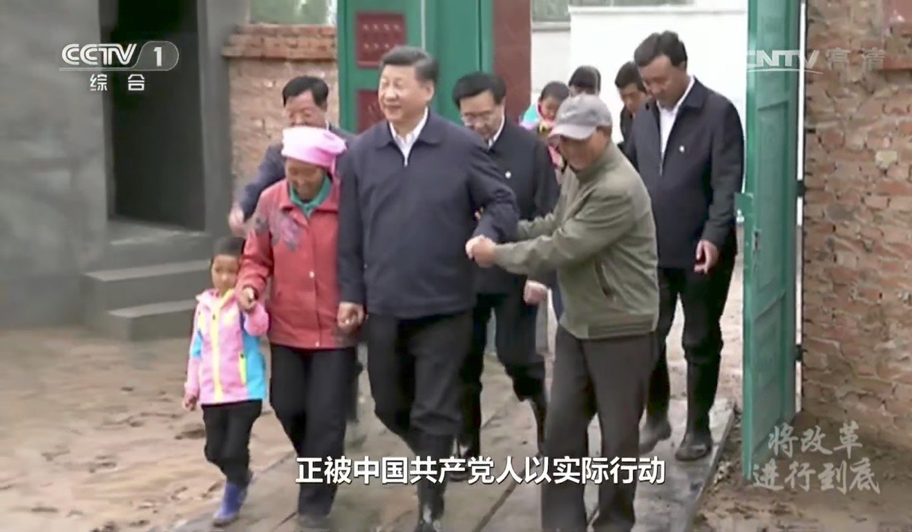 Another shot of Xi with smiling villagers in the documentary series, which forms part of the government’s propaganda push ahead of the party congress. Photo: Handout