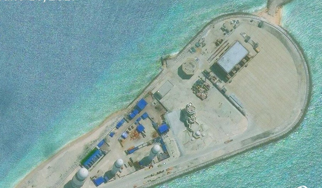Construction is shown on Fiery Cross Reef, in the Spratly Islands, the disputed South China Sea in this June 16, 2017 satellite image released by CSIS Asia Maritime Transparency Initiative at the Center for Strategic and International Studies (CSIS) . Photo: CSIS/AMTI DigitalGlobe/Handout via Reuters