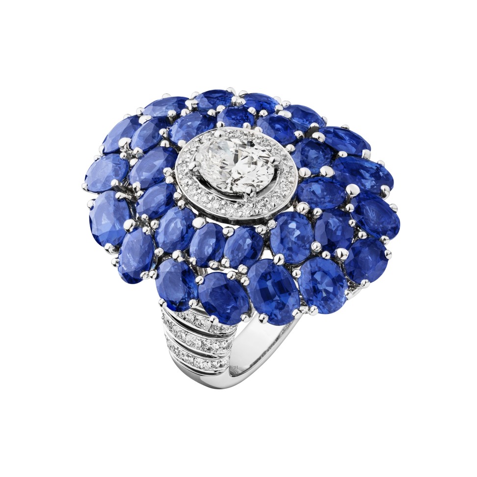 The elegant 18ct white gold Bague Deep Blue ring, set with diamonds and oval-cut blue sapphires, takes inspiration from the ocean, HK$1.31 million