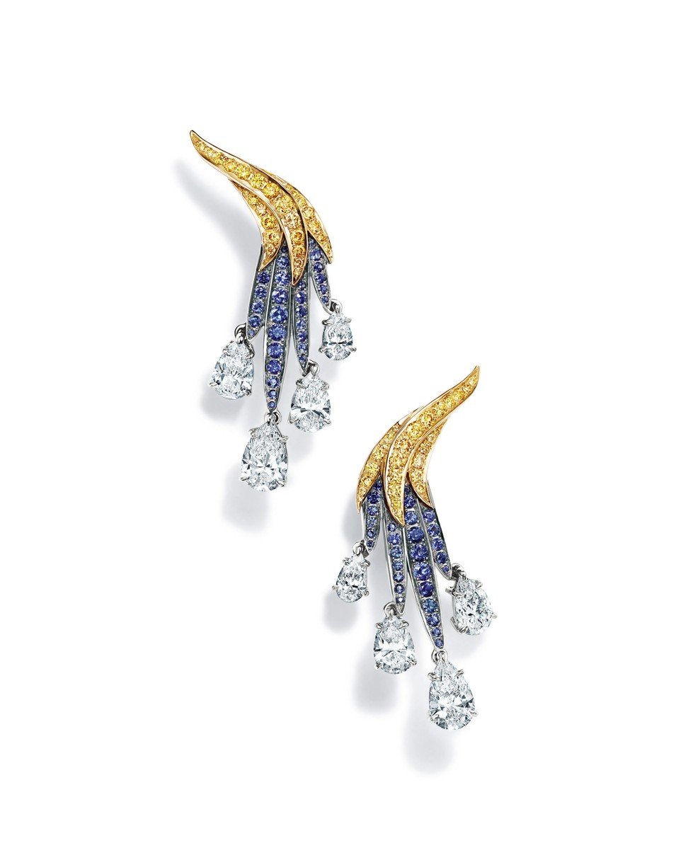 This pair of sapphire- and diamond-studded earrings evoke the beauty of feathers. Price on request