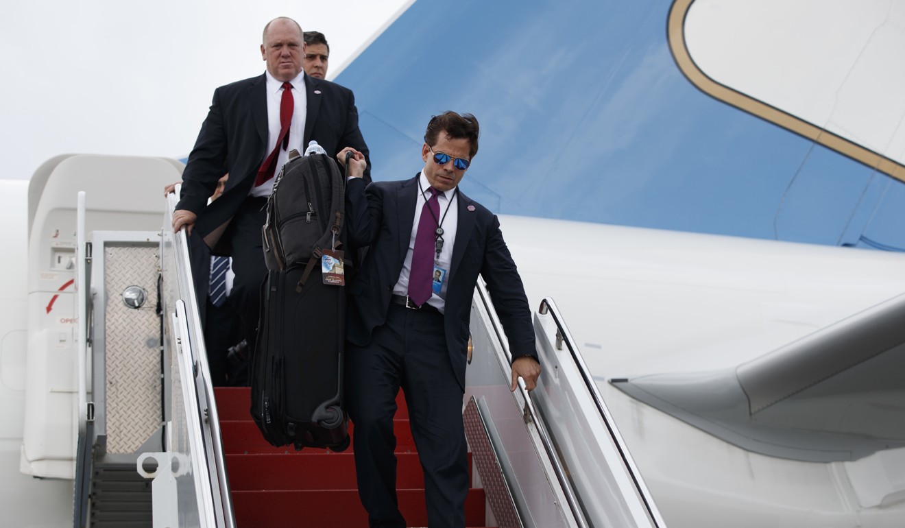 White House Communications director Anthony Scaramucci walks down the steps of Air Force One on July 28. Photo: AP