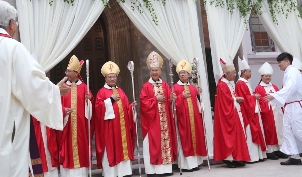 Auxiliary bishop Michael Yeung (second left), Cardinal John Tong (third left) and auxiliary bishop Stephen Lee. Photo: Felix Wong