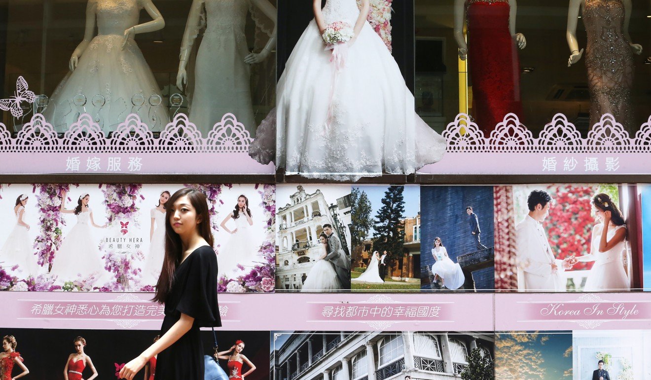 A wedding photography service advertises its work in Tsim Sha Tsui’s Kimberley Road, which is lined with bridal stores. Photo: Felix Wong