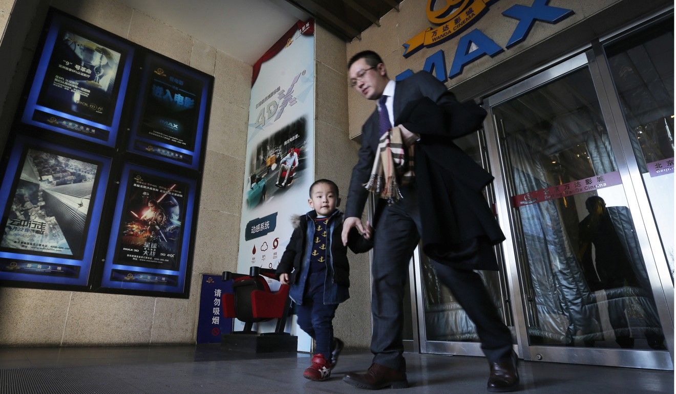 A man and his son walk out of a Wanda cinema in Beijing. When it comes to Hollywood blockbusters, China’s box office has time and again out­performed North America’s. Photo: AP