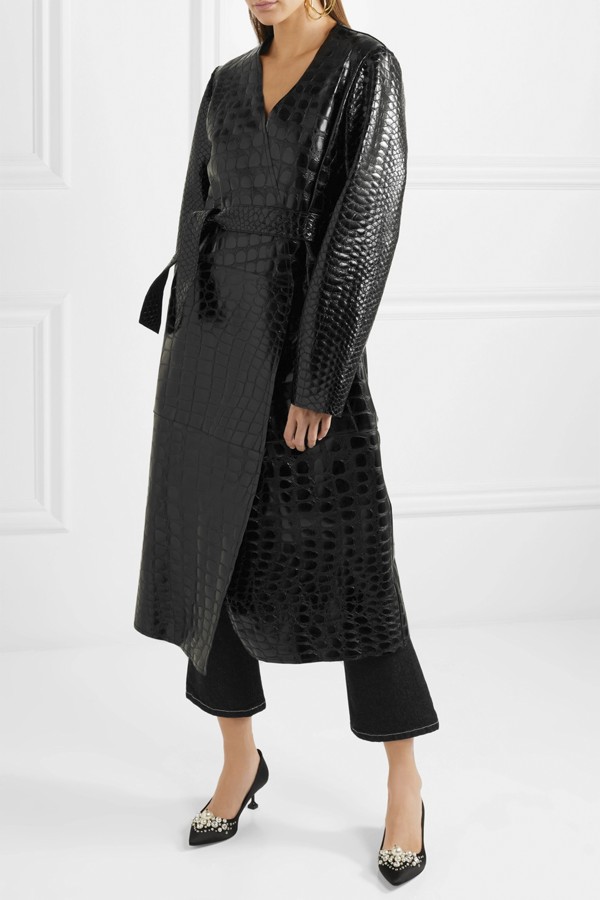 Snake and crocodile-effect glossed-leather trench coat by Attico.