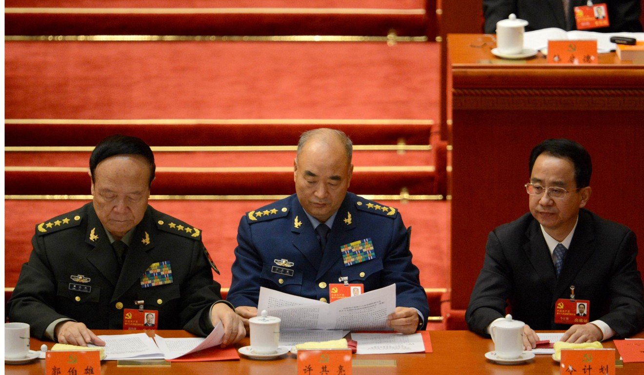 (Left to right) General Guo Boxiong, Xu Qiliang and director of the CPC office, Ling Jihua, at the closing of the 18th Communist Party Congress at the Great Hall of the People in Beijing in 2012. Photo: AFP