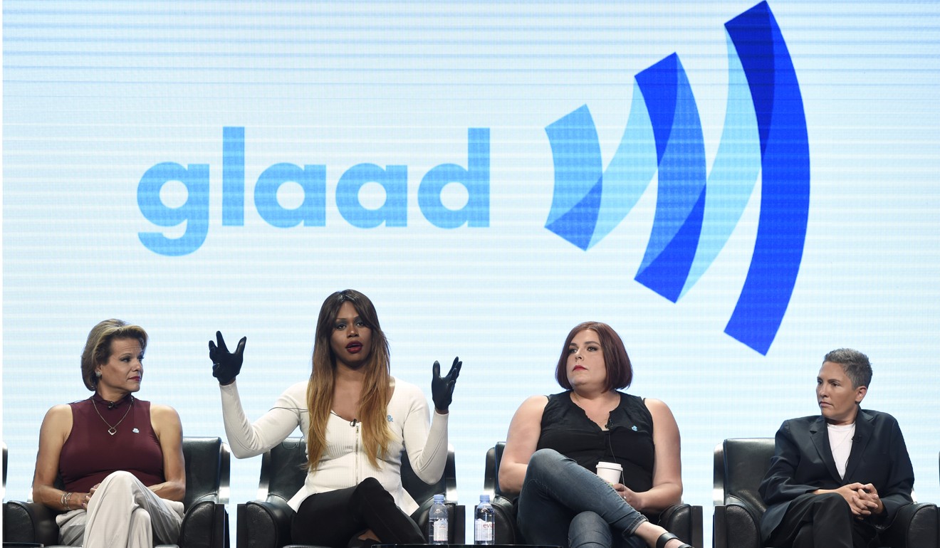 Alexandra Billings (left) and Laverne Cox (second left), both transgender actresses, with Danger & Eggs creator Shadi Petosky (second right) and Transparent creator Jill Soloway participate in the ‘Transgender Trends on TV Today’ panel at the Television Critics Association Summer Press Tour in August. Photo: AP