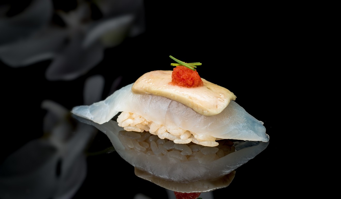 Umi's sushi kawahagi or thread-sail filefish in Sheung Wan.