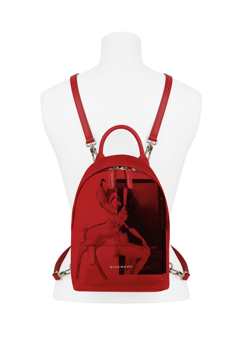 Look chic with the hot red backpack which features animal motifs and religious iconographic prints.