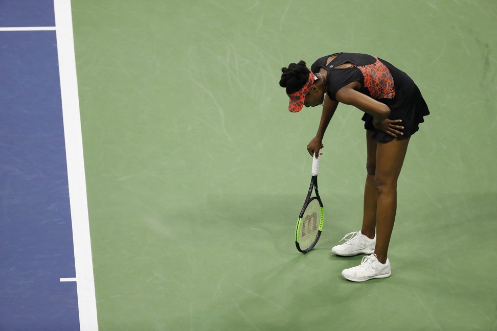 Williams reacts during her loss to Stephens. She made 51 unforced errors in the match. Photo: USA Today