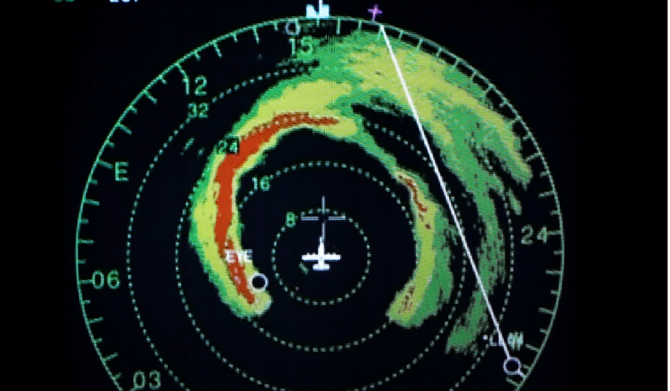 An on-board screen shows the WC-130J Super Hercules from the Air Force's 53rd Weather Reconnaissance Squadron known as the ‘Hurricane Hunters’ as it flies through the eye of Hurricane Irma. Photo: Reuters