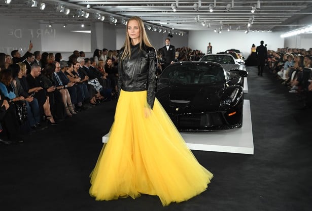 A model presents a creation from the Ralph Lauren spring/summer 2018 collection in a show that was presented in Lauren's private garage for New York Fashion Week. Photo: AFP