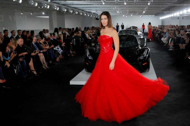 Bella Hadid presents a creation from the Ralph Lauren spring/summer 2018 collection in a show that was presented in Lauren's private garage for New York Fashion Week. Photo: REUTERS