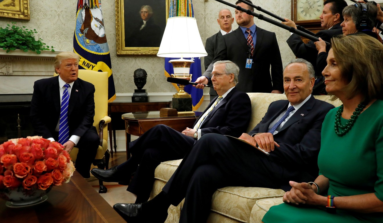 US President Donald Trump meets with Senate Majority Leader Mitch McConnell (second left), US Senate Democratic Leader Chuck Schumer and House Minority Leader Nancy Pelosi in the Oval Office of the White House in Washington, on September 6. Photo: Reuters