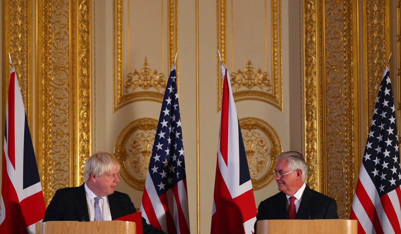 Britain's Foreign minister Boris Johnson (L) and US Secretary of State Rex Tillerson take part in a joint press conference, with Tillerson declaring the violence against Rohingya Muslims by Myanmar is ‘unacceptable.’ Photo: AFP
