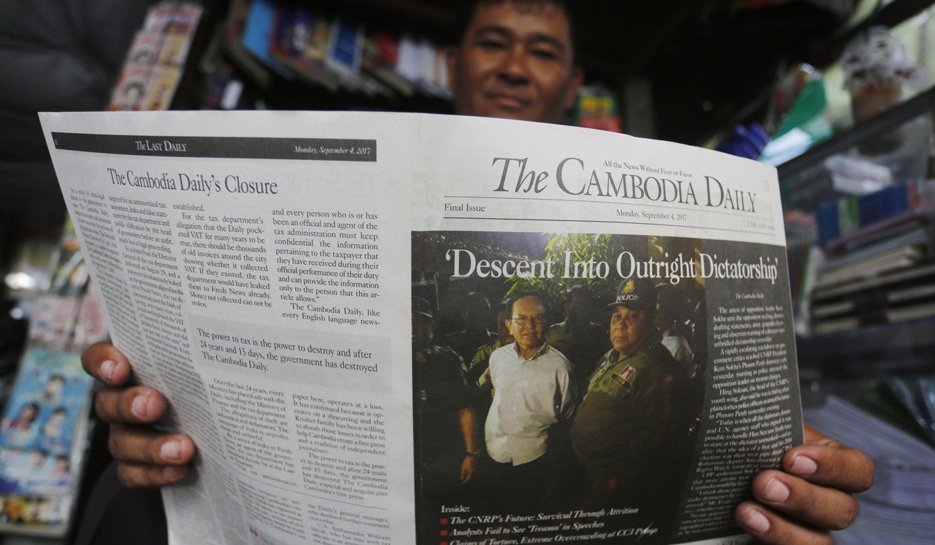 The final issue of The Cambodia Daily reports the arrest of opposition leader Kem Sokha. Photo: EPA
