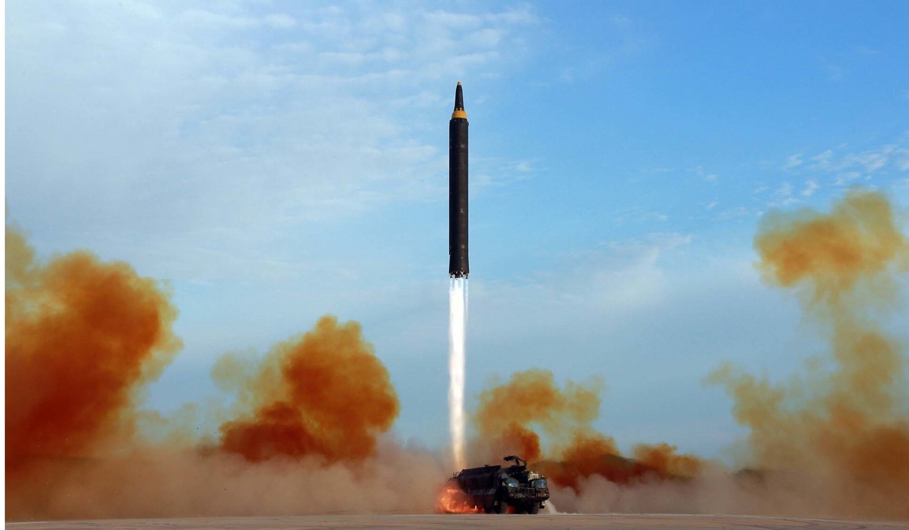 The supposed test launch of a Hwasong-12 missile in an undisclosed location in North Korea, in this updated photo released by the North Korean government. To successfully intercept a North Korean missile, the US would have to position its sea-based Aegis ships near the origin of the launch. This means it would have to know beforehand when the test was going to happen, where the launch site is, the trajectory of the missile and the intended target of the test. This is unlikely to happen. Photo: Korean Central News Agency / Korea News Service via AP