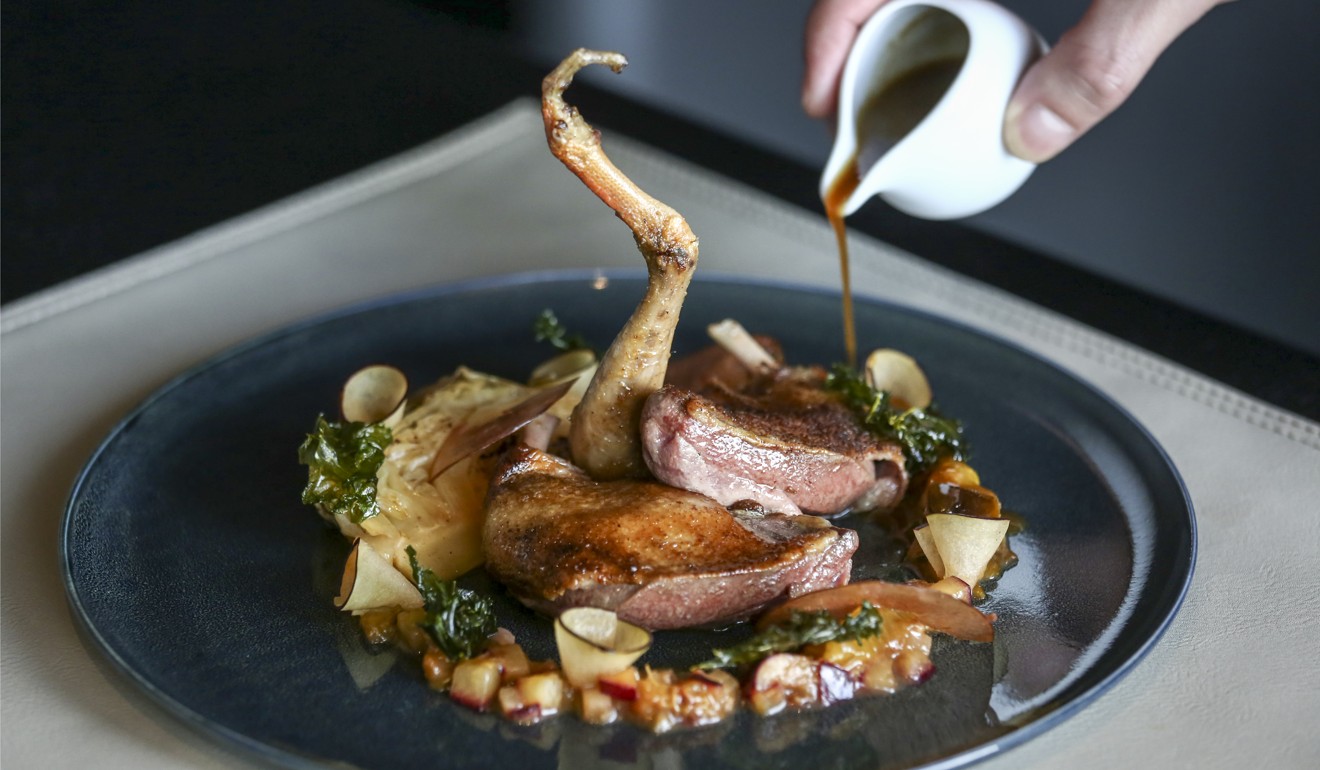 Roasted Bresse pigeon with aubergine purée, sage and figs. Photo: Jonathan Wong