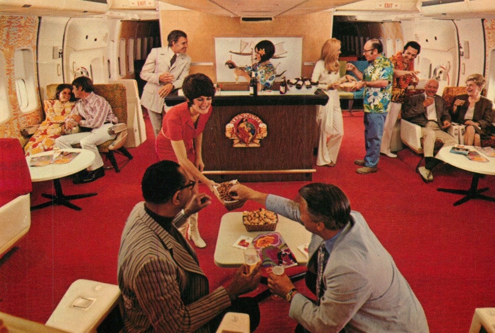 The Polynesian Pub on the main passenger deck of Continental Airlines’ Boeing 747, in 1970.