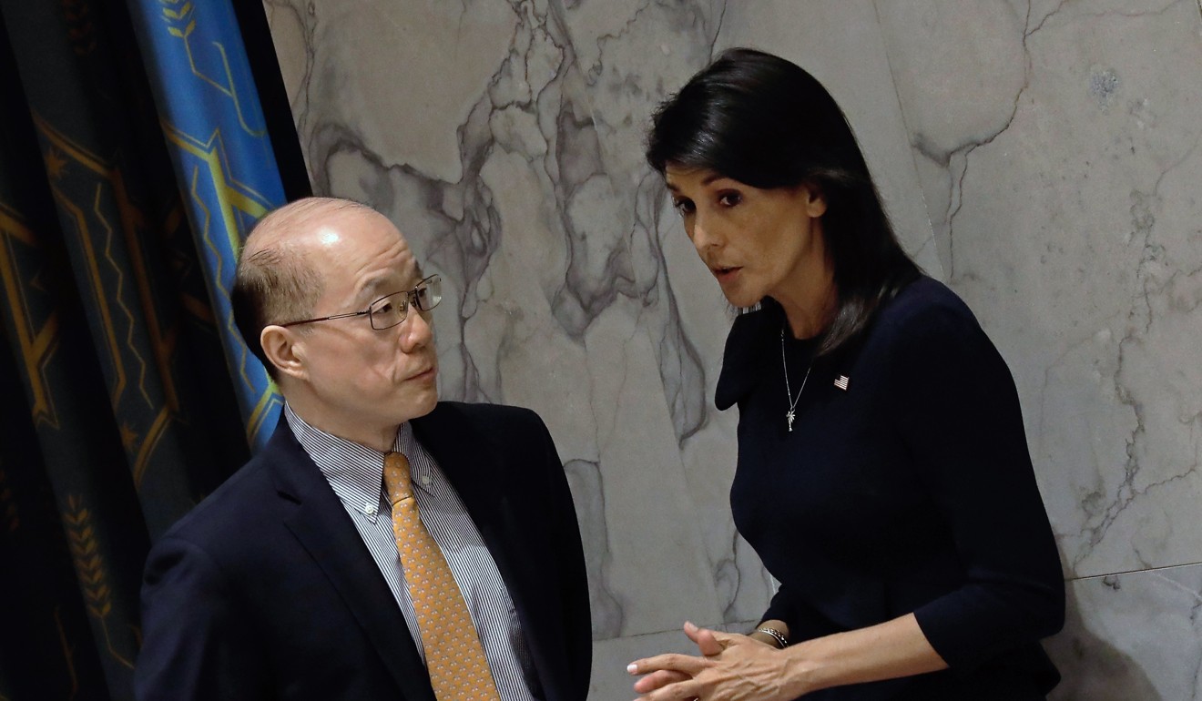 US Ambassador to the United Nations Nikki Haley speaks to UN Chinese Ambassador Liu Jieyi before a Security Council meeting at the UN headquarters in New York on September 4. Photo: EPA-EFE