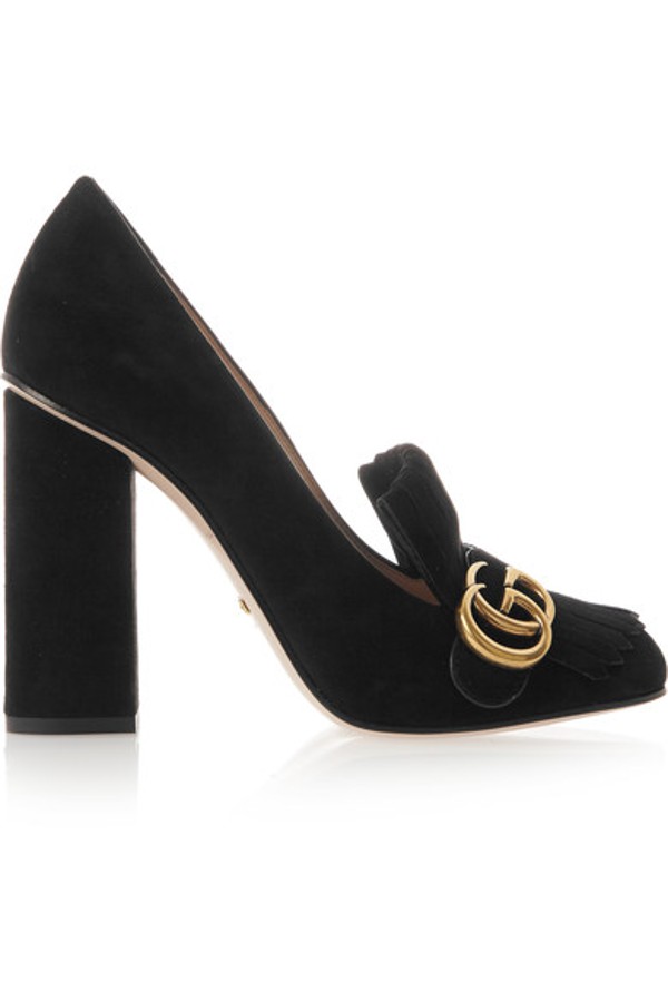 The Gucci loafer-style pump with fringe in black suede.