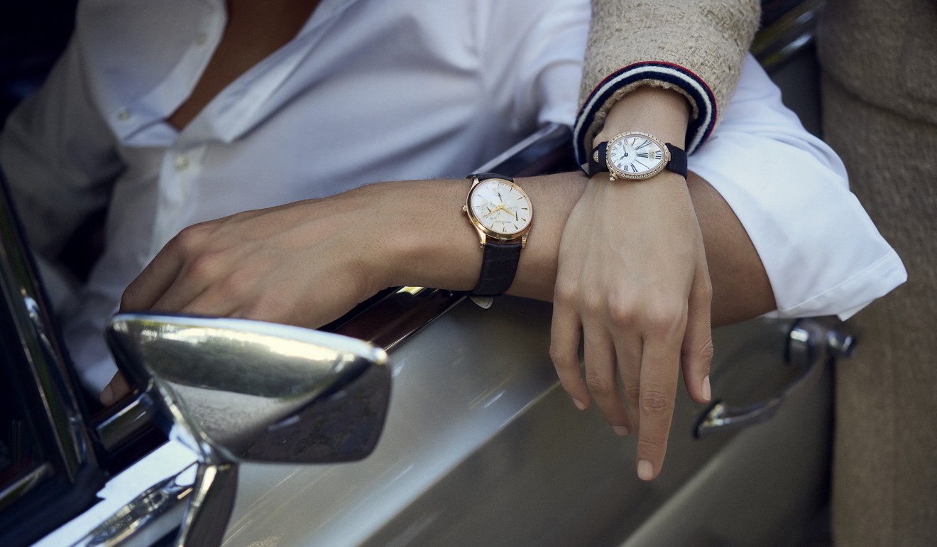 ON HER: Gucci, jacket, HK$32,500, skirt, HK$11,000; Breguet (from HVELPLUND Watches & Jewellery) watch, HK$333,950; ON HIM: Lanvin (from Birger Christensen) shirt, HK$2,380; Jaeger-LeCoultre (from HVELPLUND Watches & Jewellery) master ultra thin watch, HK$179,330