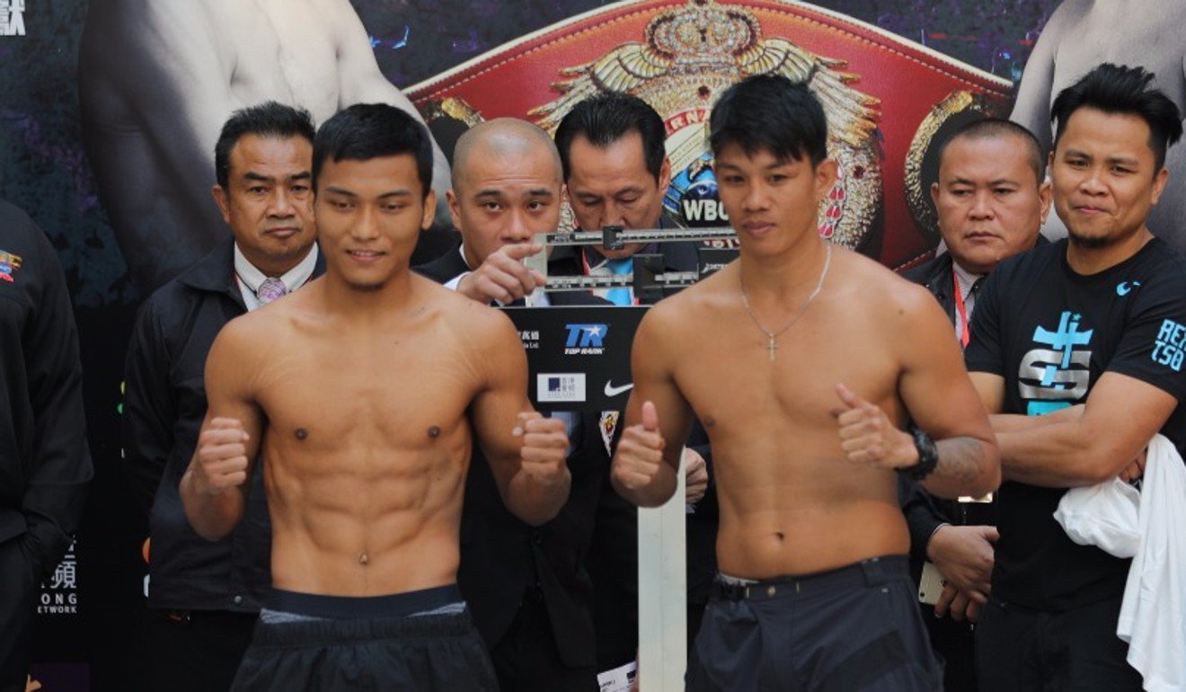 Hong Kong Nepali fighter Nibesh Ghale and Prell Tupaz of the Philippines at the weigh-in for Clash of Champions 3. Photo: Unus Alladin