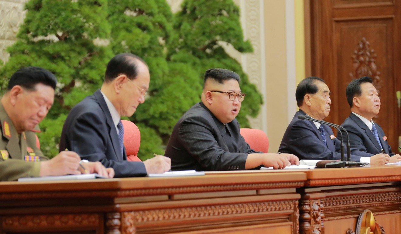 North Korean leader Kim Jong-un (centre) speaks during the Second Plenum of the 7th Central Committee of the Workers' Party of Korea at the Kumsusan Palace of the Sun, in this undated photo released by North Korea's Korean Central News Agency on Sunday. Photo: Reuters