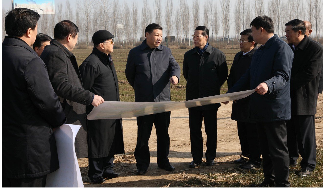 President Xi Jinping (centre) inspects the Xiongan New Area scheme in Anxin county, Hebei, in February. Photo: Xinhua