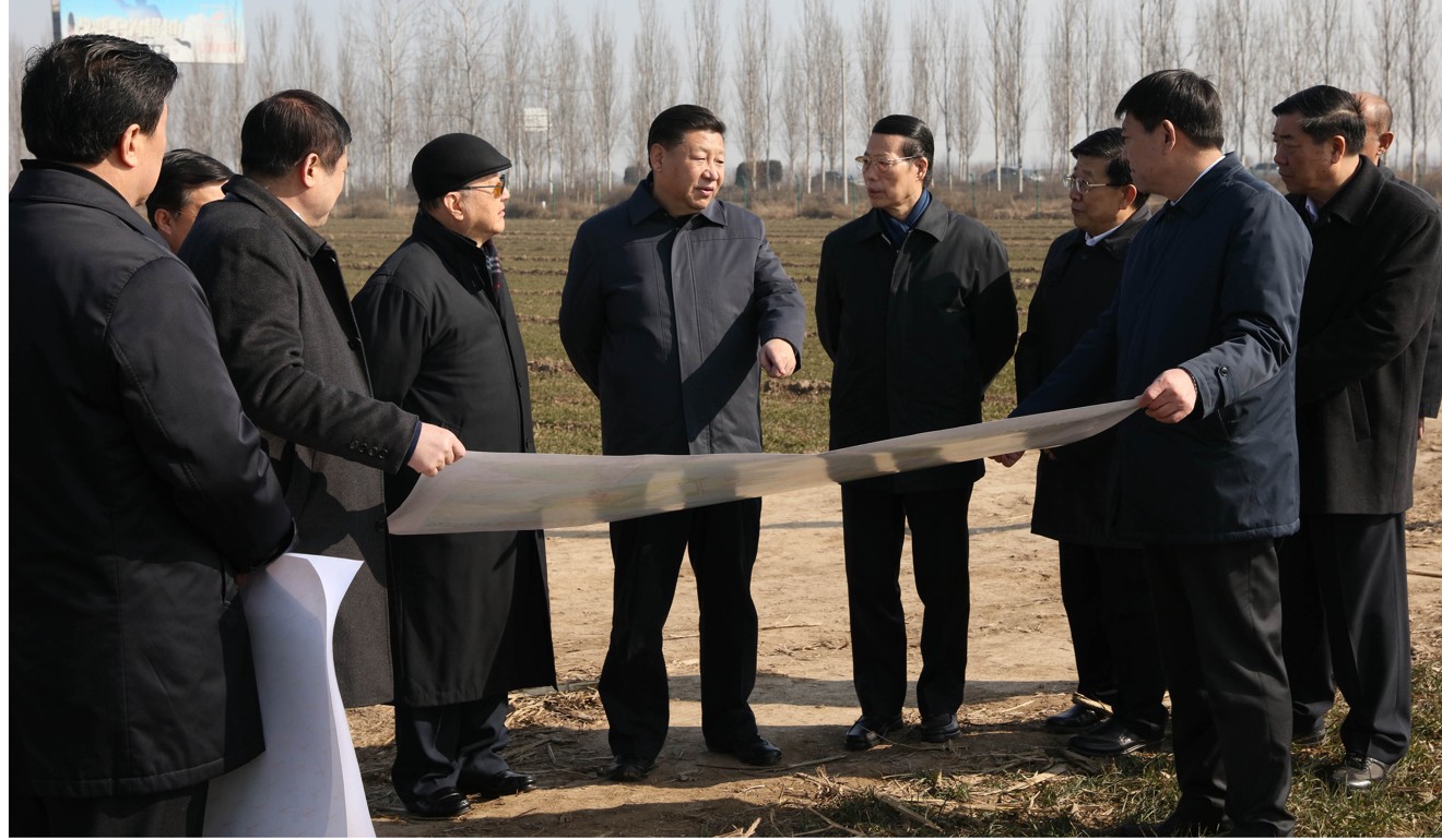 President Xi Jinping (centre) inspects the Xiongan New Area scheme in Anxin county, Hebei, in February. Photo: Xinhua