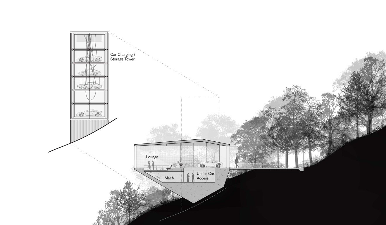 The tower organises the cars vertically to save land and allow a minimal footprint on the ground.