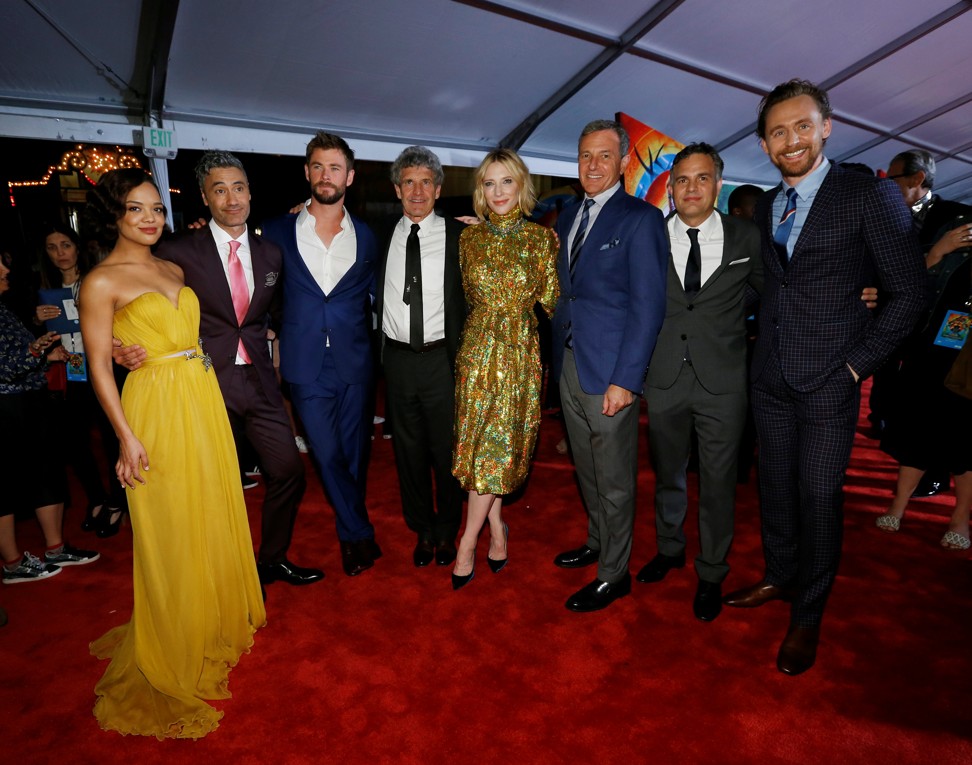 (From left) Tessa Thompson, Taika Waititi, Chris Hemsworth, Alan Horn, Cate Blanchett, Bob Iger, Mark Ruffalo and Tom Hiddleston at the world premiere of Thor: Ragnarok. Photo: Reuters