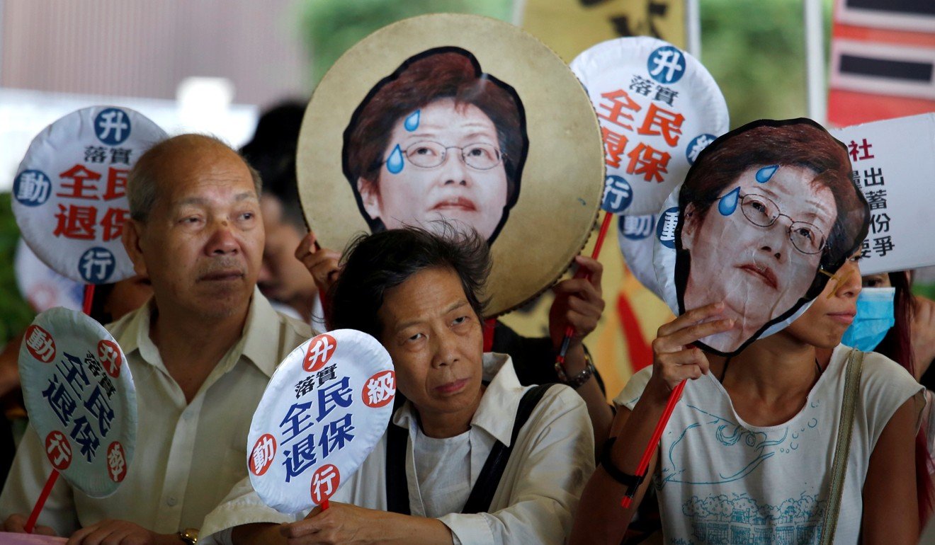 Protesters demanded a universal pension scheme outside the Legislative Council in Hong Kong on October 11, 2017. Photo: Reuters
