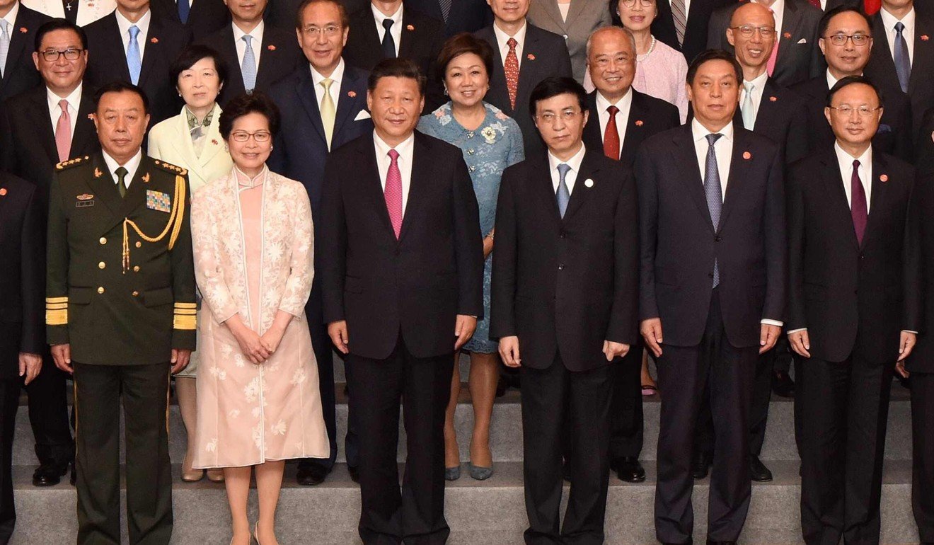From left: General Fan Changlong, Carrie Lam, Xi Jinping, Wang Huning, Li Zhanshu and Yang Jiechi after Lam was sworn in as Hong Kong’s chief executive on July 1, 2017. Photo: Handout