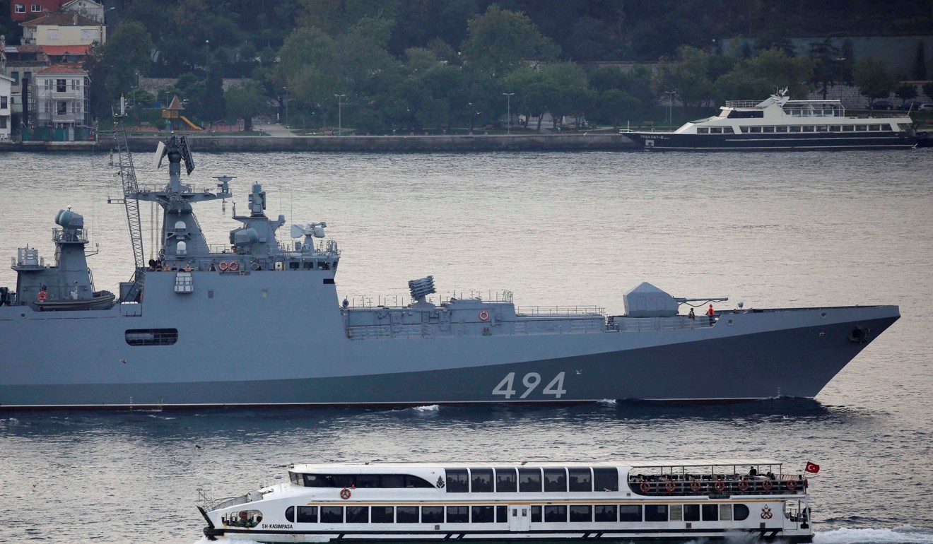 The Russian Navy's frigate Admiral Grigorovich sails in the Bosphorus on its way to the Mediterranean Sea, in Istanbul, Turkey. Photo: Reuters