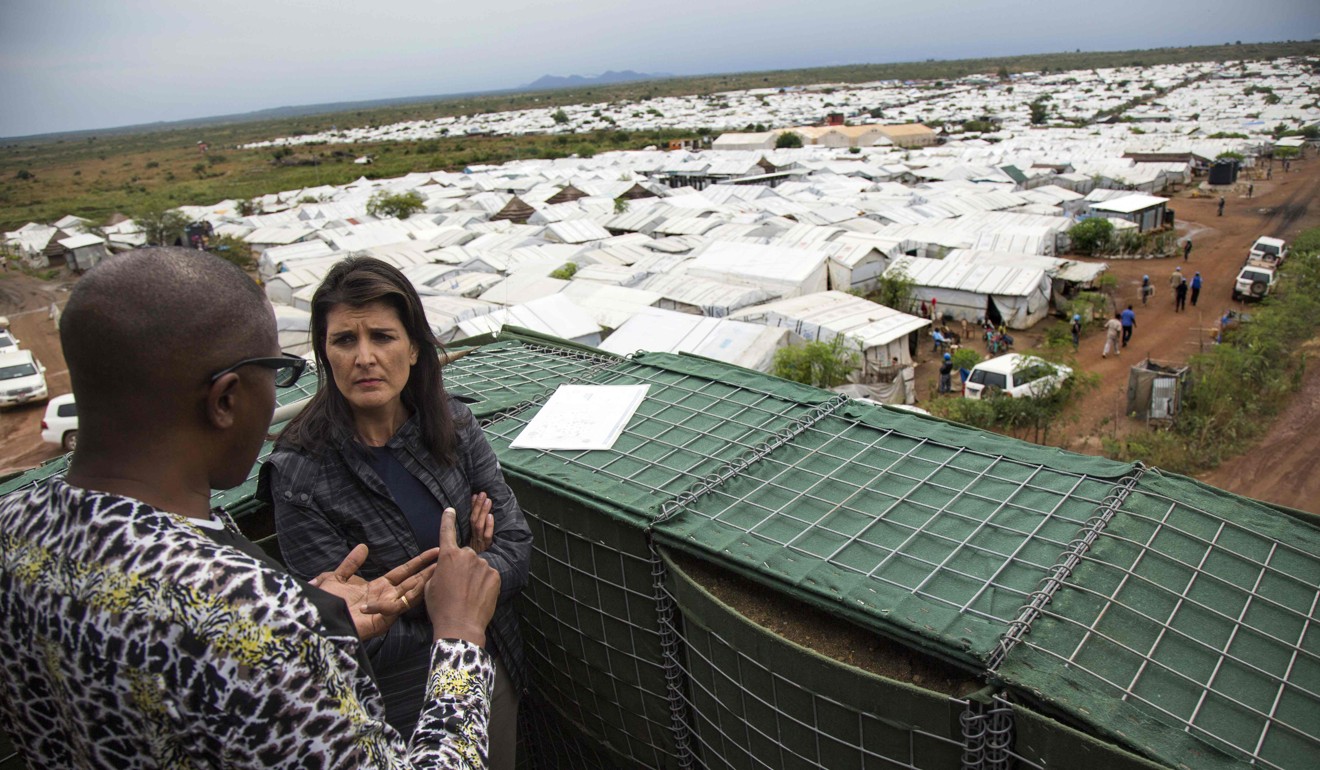 US Ambassador to the United Nations, Nikki Haley(right) talks with a UN official during her visit at the UN refugee camp in Juba, South Sudan, on Wednesday. Photo: AFP