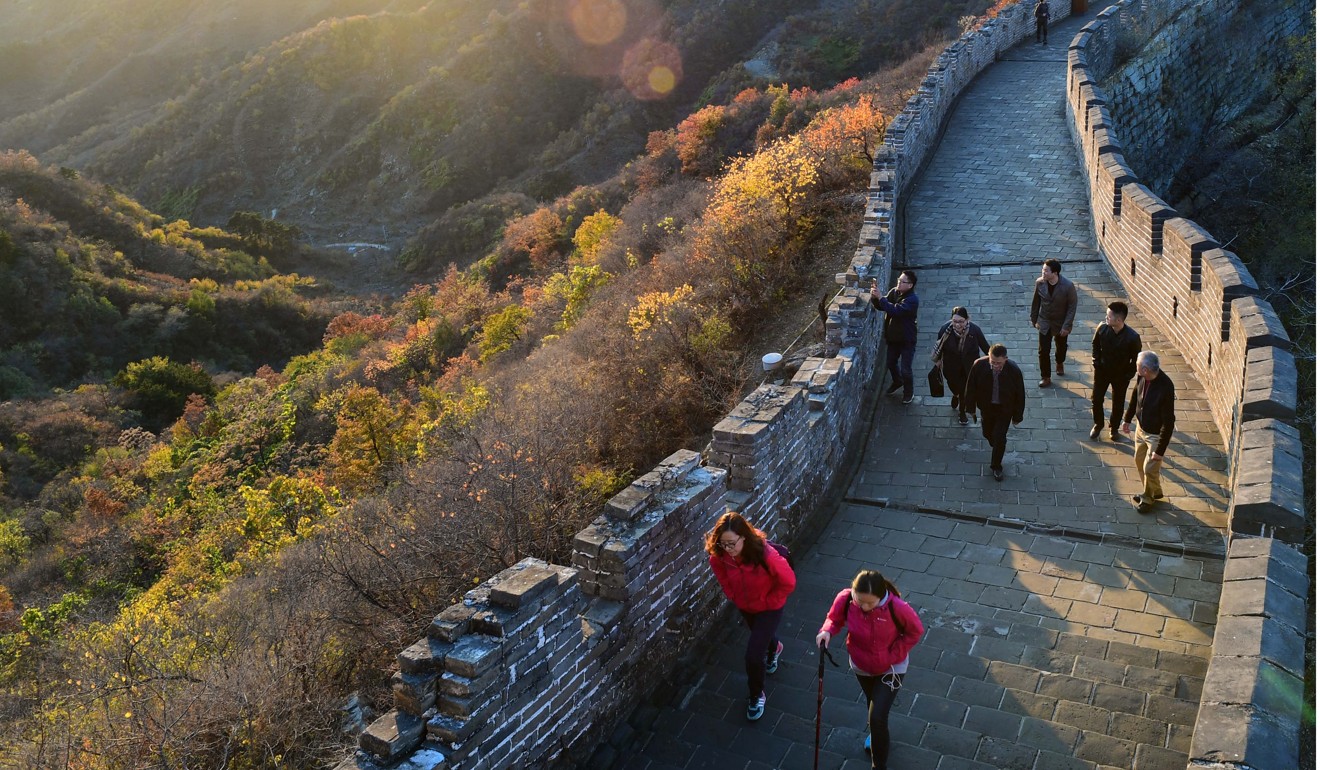Visitors walk along the Mutianyu section of the Great Wall in Beijing this month. In the past, when China was weak, it largely kept a low profile in international relations. But China today is different. Official rhetoric about China’s “inevitable rise” has contributed to an inflation of national pride. Photo: Xinhua