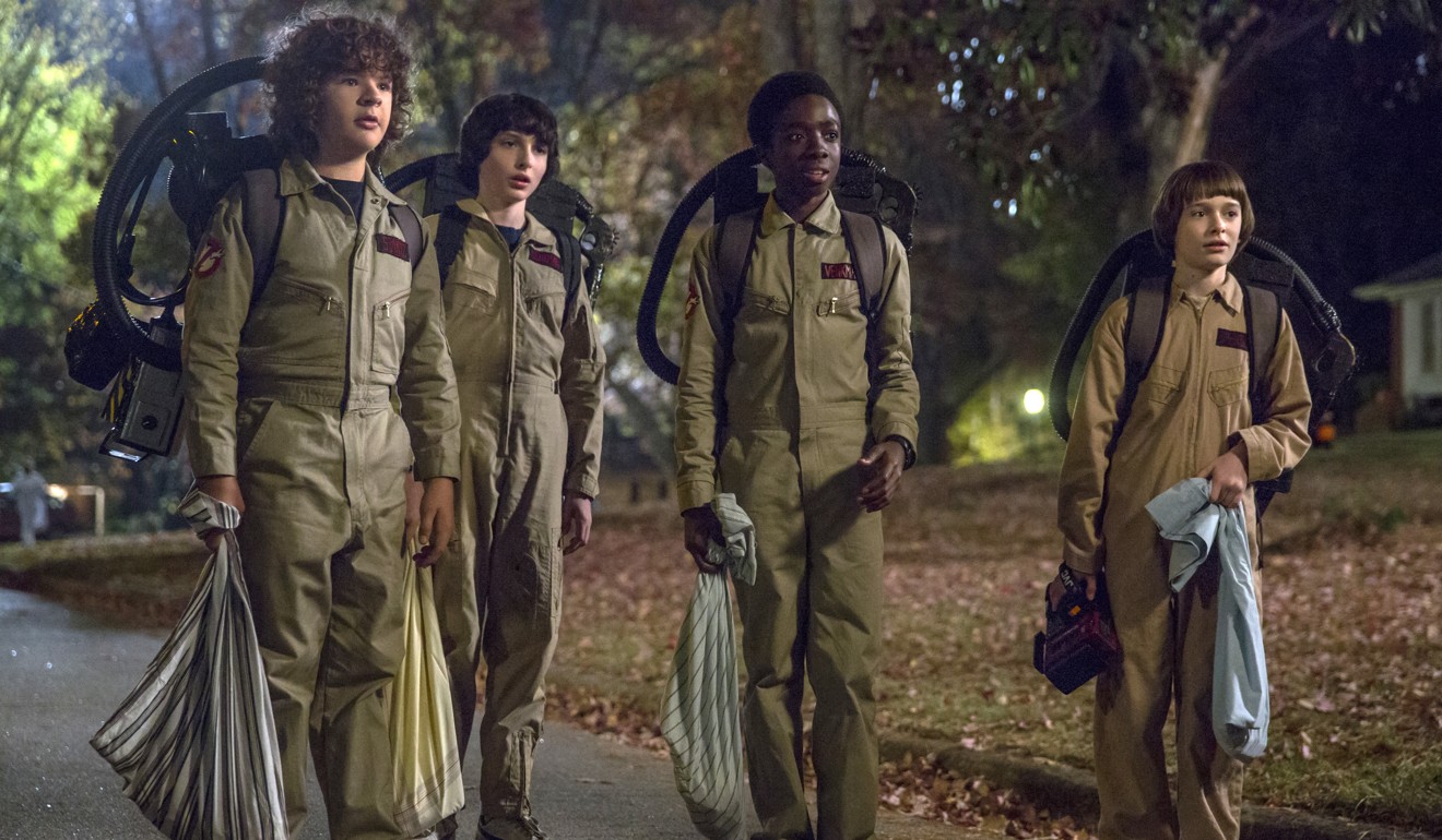 From left: Gaten Matarazzo, Finn Wolfhard, Caleb McLaughlin and Noah Schnapp in a still from Stranger Things. Photo: Netflix via AP