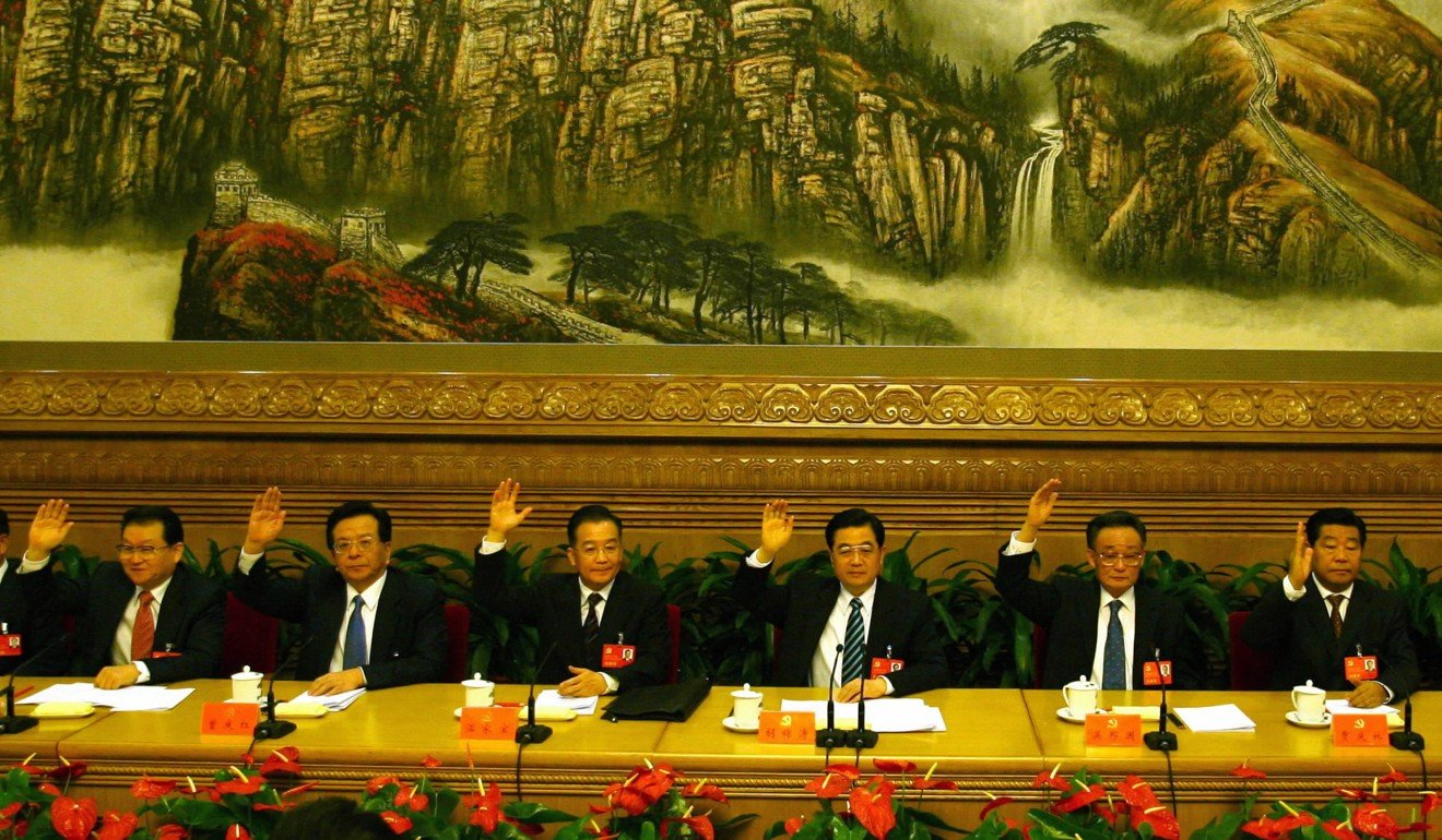 Black hair is part of the “standardised” look of members of China’s Politburo Standing Committee in 2007. From left: Li Changchun, Zeng Qinghong, Wen Jiabao, Hu Jintao, Wu Bangguo, Jia Qinglin, Wu Guanzheng and Luo Gan. Photo: Xinhua.