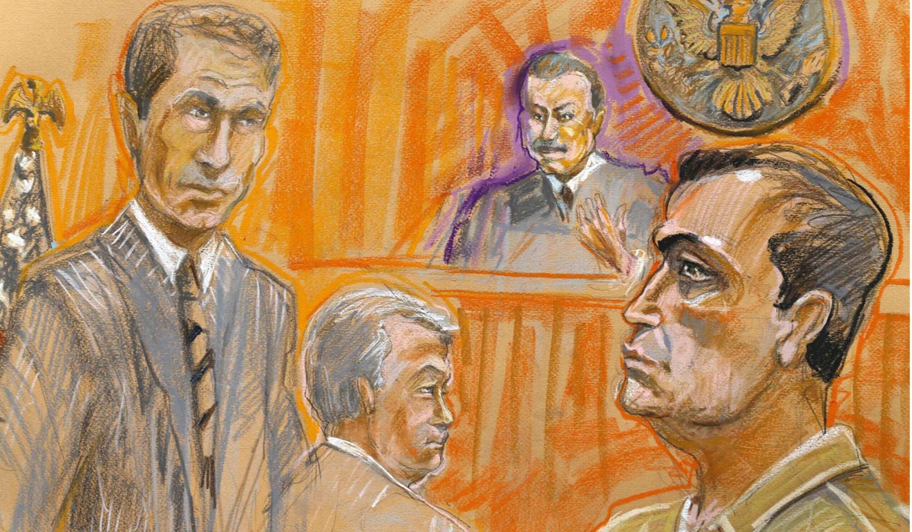 Court sketch of defence contractor Leonard Francis (right) with his attorney Patrick Swan, Judge David Bartick and Prosecutor Robert Huie (left). Image: Reuters/Krentz Johnson