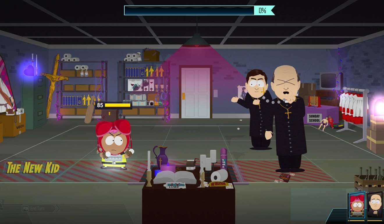 The New Kid does battle with Catholic priests in South Park: The Fractured But Whole.