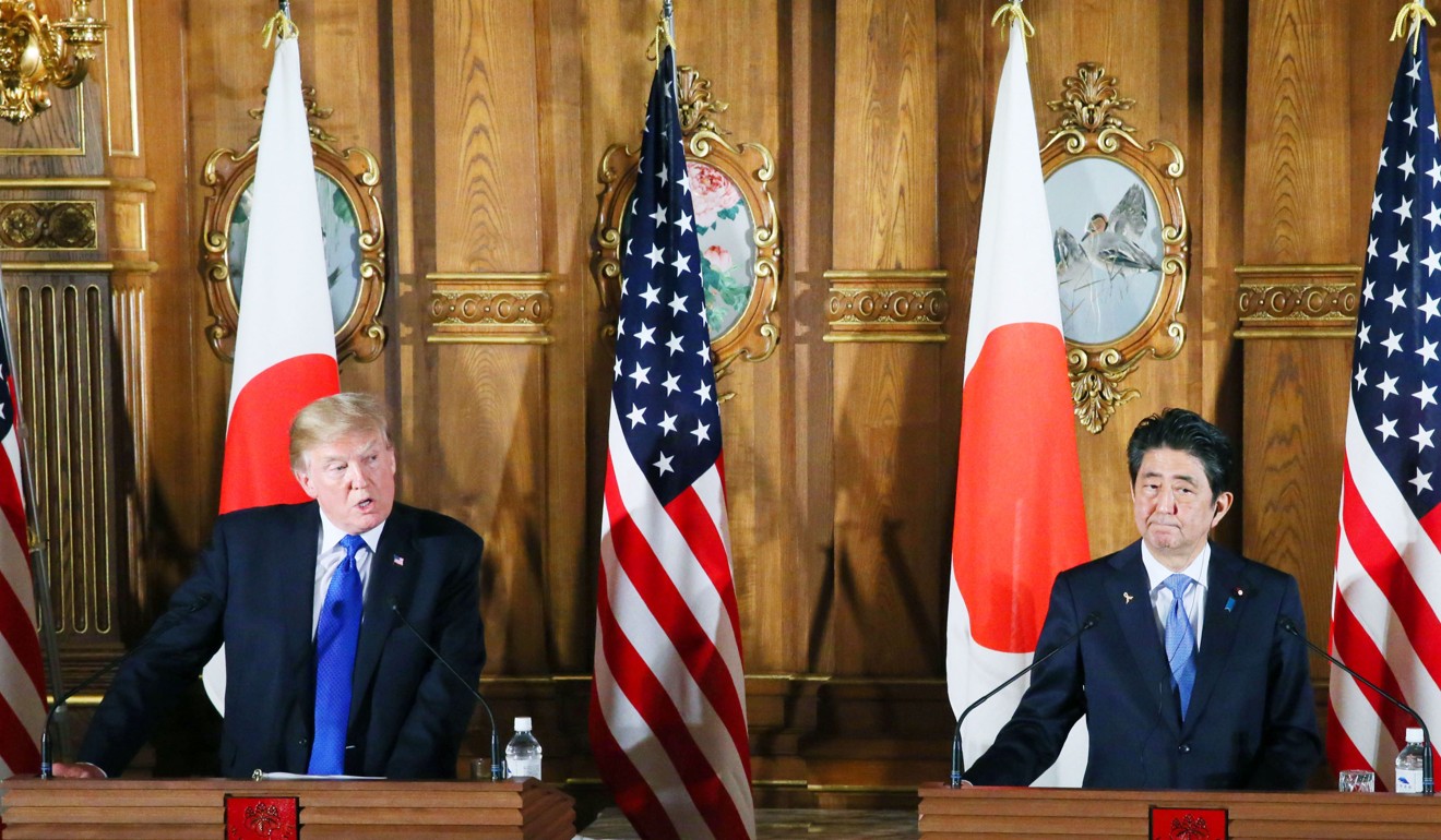 Trump and Abe hold a joint press conference at the State Guest House in Tokyo. Photo: Kyodo